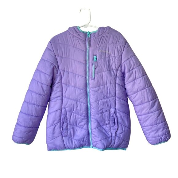 Eddie Bauer Girls Puffer Jacket 7-8 Purple Hooded Fur Fleece Lined Winter Snow